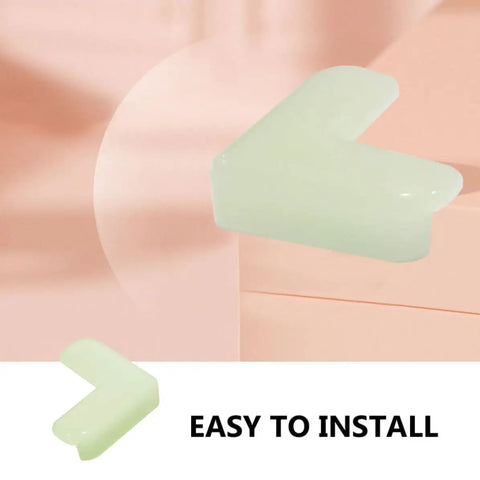 Light green Night Light Corner Guards for furniture, L-shaped PVC desk protector shown on table corner with 'Easy to Install' text.