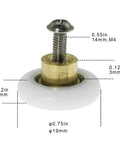 Four Pack Stainless Steel Shower Door Rollers With Screws White Finish 19mm Diameter 5mm Thick Replaces Worn Wheels In Most Shower Enclosures And Steam Cabins, side view with measurements.