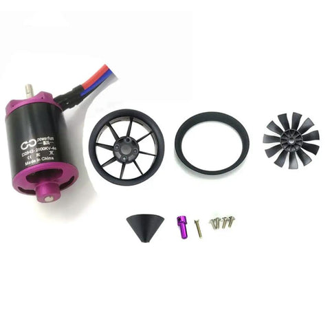 CCW 70mm Pro EDF Ducted Fan parts with 12 blades, brushless motor, screws, and components displayed on white background
