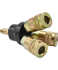Aluminum Round Pneumatic Manifold Kit With Three 1/4 Inch Steel Industrial Couplers And One 1/4 Inch Steel Plug, close-up view