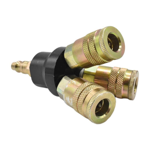 Aluminum Round Pneumatic Manifold Kit With Three 1/4 Inch Steel Industrial Couplers And One 1/4 Inch Steel Plug, close-up view
