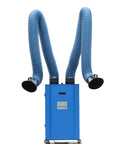 Heavy Duty Mobile Welding Fume Purifier With Dual Arm Extraction Setup And Manual Ash Cleanup, blue steel frame, dual intakes.