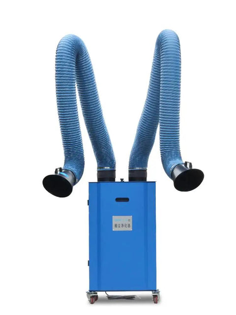 Heavy Duty Mobile Welding Fume Purifier With Dual Arm Extraction Setup And Manual Ash Cleanup, blue steel frame, dual intakes.