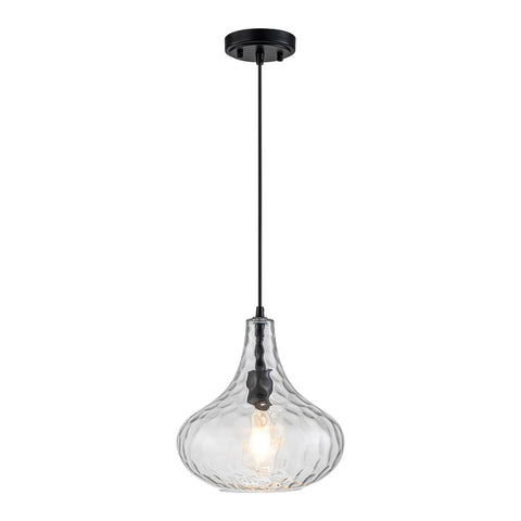 WILON 11" Hammered Glass Pendant Lights Kitchen Island Black hanging pendant light with clear hammered glass and black base.
