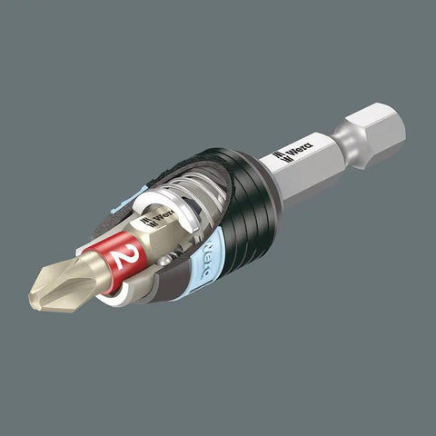 Close-up of Stainless Bit-Check 30 Set With Rapidaptor Bit Holder And Quick Release Chuck, single bit and holder, rust-resistant tool kit.