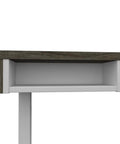 L Shaped Electric Standing Desk Adjustable Height Commercial Workstation Heavy Duty Desktop Melamine Finish Walnut Grey White 72 Inch Width top shelf detail with smooth edges