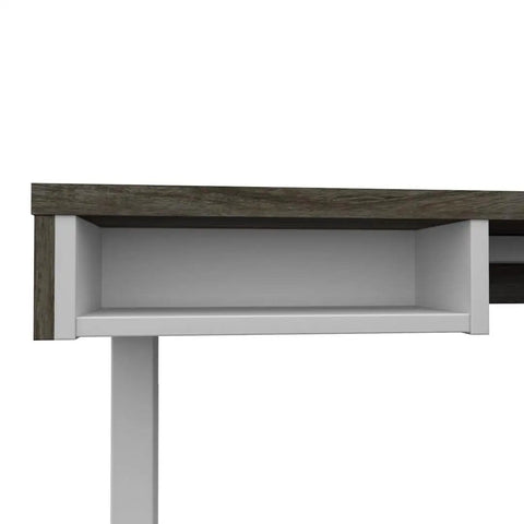 L Shaped Electric Standing Desk Adjustable Height Commercial Workstation Heavy Duty Desktop Melamine Finish Walnut Grey White 72 Inch Width top shelf detail with smooth edges