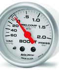 Front view of Auto Meter 4303 Ultra-Lite mechanical boost/vacuum gauge, 2.3125 in, silver housing, red needle.