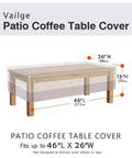 Dimensions of patio table cover fitting up to 46"L x 26"W showing Heavy Duty Waterproof Rectangular Outdoor Patio Coffee Table Cover.
