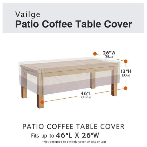 Dimensions of patio table cover fitting up to 46"L x 26"W showing Heavy Duty Waterproof Rectangular Outdoor Patio Coffee Table Cover.