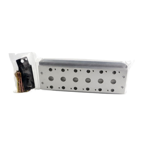 Industrial Grade Pneumatic Manifold 4V210 for 4V100 and 4V200 Series shown in packaging with aluminum block
