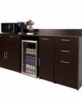 No Sweat Breakroom Cabinet With Mini Fridge Cutout And Three Spacious Drawers Fully Assembled Coffee Prep Station in dark wood.