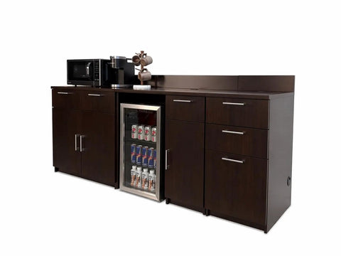 No Sweat Breakroom Cabinet With Mini Fridge Cutout And Three Spacious Drawers Fully Assembled Coffee Prep Station in dark wood.