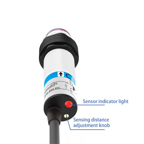 Close-up of Through Beam Infrared Photoelectric Sensor With 5 Meter Sensing Range 3 Wire NPN PNP 10 30V DC Or 90 240V AC Dual Power