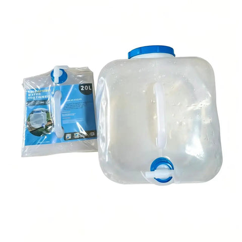 Two Pack 20L Collapsible Water Jugs With Wide Mouth Lids, transparent design showing package and handle detail