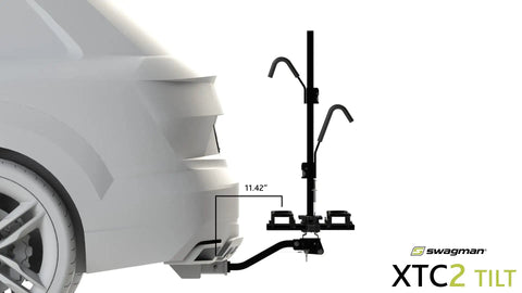 XTC2 Tilt Hitch Mount Bike Rack For Two Bikes With Platform Carrier attached to rear of SUV, showing tilt measurement.