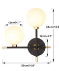 Two Light Globe Wall Sconce With Frosted Glass Globes, Mid Century Modern Vibe, cozy bedroom hallway bathroom lighting dimensions.