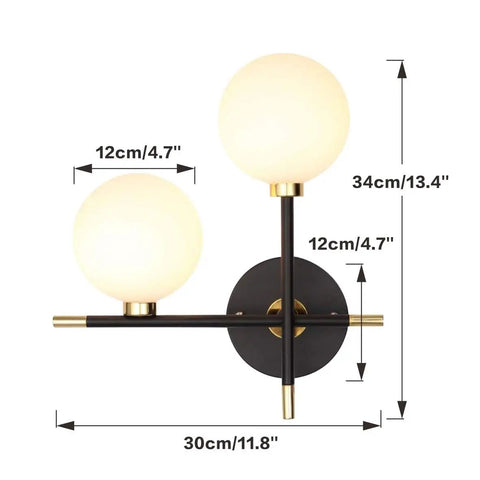 Two Light Globe Wall Sconce With Frosted Glass Globes, Mid Century Modern Vibe, cozy bedroom hallway bathroom lighting dimensions.