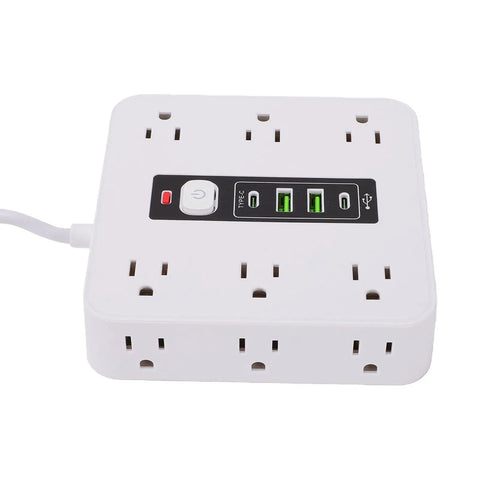 Absolute Game Changer 16 In 1 Smart Power Strip With Twelve AC Outlets Dual USB C Dual USB A Ports Auto Shutoff Heavy Duty Surge Protection Wall Mountable Zero Hassle Desk Setup showing power outlets and USB ports.
