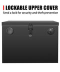 Built Tough Steel Battery Box Enclosure Fits 12V Deep Cycle Groups 24 And 27 with lockable upper cover and side grips.