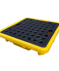 Heavy Duty Plastic Spill Pallet For Oil Drums And Industrial Liquids With Leak Proof Deck, Drain Port, Removable Grate, And Forklift Access