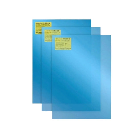 Top Shelf Replacement Release Film For Wide Format LCD Resin 3D Printers 690X510mm X 0.3mm Thick 3 Pack, blue sheets with labels.
