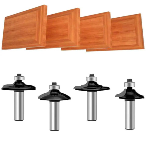 Four Piece Edging Router Bit Set For Woodworking With Cabinet Door Edges Includes Thumbnail Bit Two Edging Bits And Round Over Bit One Half Inch Shanks Compatible MDF Solid Wood Particle Board And Plywood, four router bits and cabinet door profiles