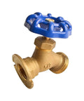 Heavy Duty Solid Brass Garden Hose Valve With Drip Free Shut Off And Knockout Durability For Yard Irrigation No Fuss 1/2 Inch FNPT To 3/4 Inch MNH Adapter, blue handle, side view.