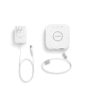 Hue Bridge Smart Lighting Hub For Hue System Unlock Full Automations Multi Room Control Zones Remote Access From Anywhere Voice Control Zigbee Secure Connection Matter Compatible shown with included cables on white background.