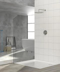 Shower Faucet Set, 10-Inch Rainfall Head with Valve, Brushed Nickel displayed in modern bathroom with clear glass panel.
