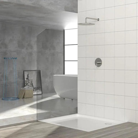 Shower Faucet Set, 10-Inch Rainfall Head with Valve, Brushed Nickel displayed in modern bathroom with clear glass panel.