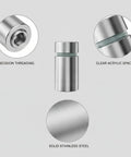 Components of Stainless Steel Sign Mount Kit With 12mm Standoffs For Glass And Acrylic Panels, polished silver with threading and spacer.