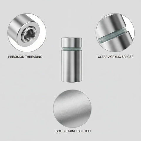 Components of Stainless Steel Sign Mount Kit With 12mm Standoffs For Glass And Acrylic Panels, polished silver with threading and spacer.