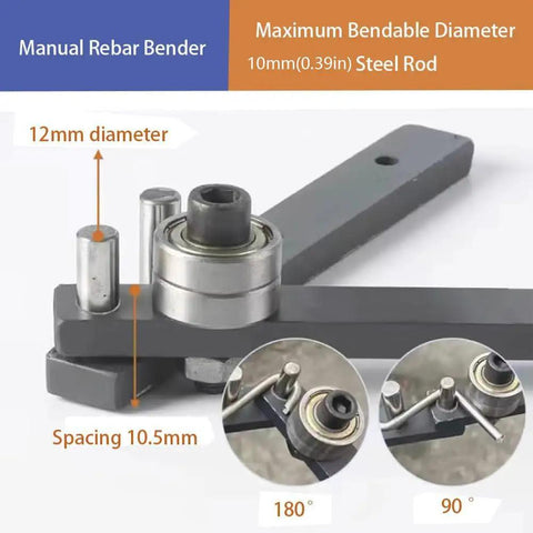 Heavy Duty Manual Rebar Bender Tool For Steel Pipe And Aluminum Flat Bar with adjustable bending options for 10mm steel rods.
