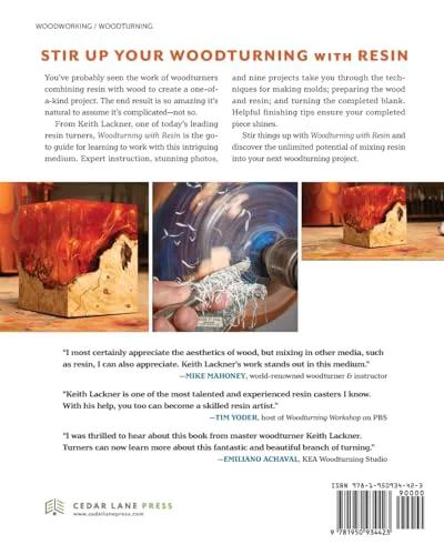 Back cover of book Woodturning with Resin by Amazon; shows three resin-woodturning photos and a barcode.