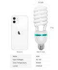 4 Pack 45W CFL Daylight Bulbs 5500K Neutral White 2300 Lumens CRI Over 95 For Studio Photography And Video Lighting Pro Grade Energy Efficient Full Spectrum Bulbs beside smartphone for scale