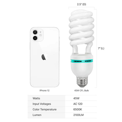 4 Pack 45W CFL Daylight Bulbs 5500K Neutral White 2300 Lumens CRI Over 95 For Studio Photography And Video Lighting Pro Grade Energy Efficient Full Spectrum Bulbs beside smartphone for scale