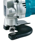Close-up of 10 Gauge Sheet Metal Shear With Low Noise 81 dB, showing 2-Inch Cut Radius and built-in thickness gauge