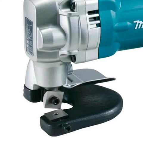 Close-up of 10 Gauge Sheet Metal Shear With Low Noise 81 dB, showing 2-Inch Cut Radius and built-in thickness gauge