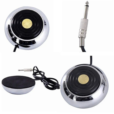 Round Stainless Steel Tattoo Foot Pedal With 360 Degree Switch And 5 Inch Clip Cord For Tattoo Machine Power Supply, top view.