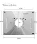 Compact Heavy Duty Aluminum Router Table Insert Plate With Quick Flip Guide System, 30cm x 23.5cm, thickness 9.5mm, precise measurements.