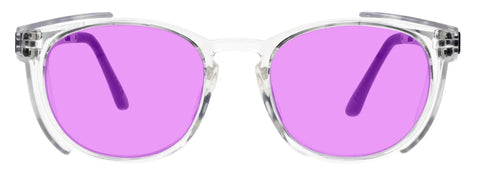 Premium Lampworking Safety Glasses Featuring Top Notch Didymium Lenses For Slick Soft Glass Torch Work viewed front with purple lenses.