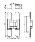 Technical drawing of Hidden 3D Adjustable Door Hinge for Concealed Flush Mount Installation with dimensions