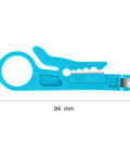 Blue wire stripper from Pocket Size Six Piece Wire Stripper Set For RJ45 Cat5 Cat6 Data Cables And Telephone Lines With Handy Punch Down Cutter Ideal On The Go Tool Kit For Home Or Office Great For Network Wiring, shown with 94 mm length.