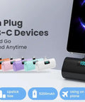 Two Pack Grab And Go Portable Charger With Built In USB C Cable, 5200 Mah Pocket Power Bank for USB-C devices in various colors.