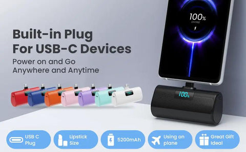 Two Pack Grab And Go Portable Charger With Built In USB C Cable, 5200 Mah Pocket Power Bank for USB-C devices in various colors.
