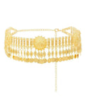 Dope Adjustable Gold Coin Waist Chain For Belly Dance Flexes And Festival Vibes Slim Body Jewelry With Flowing Brass Tassels close-up view.