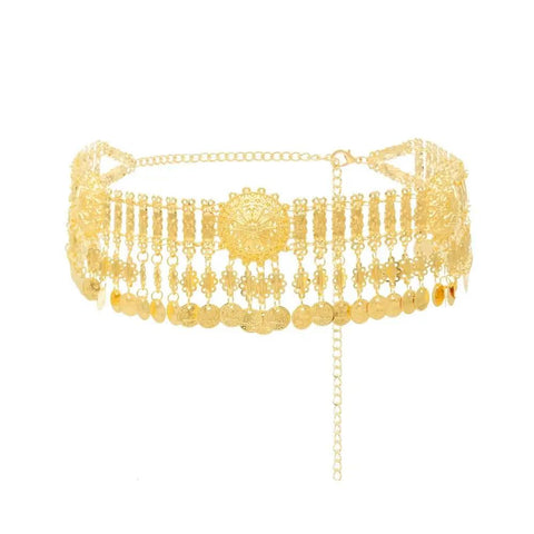 Dope Adjustable Gold Coin Waist Chain For Belly Dance Flexes And Festival Vibes Slim Body Jewelry With Flowing Brass Tassels close-up view.