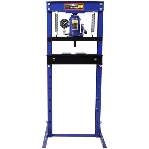 Front view of 20 Ton Hydraulic Shop Press With Gauge For Bending And Straightening, Pressing Bearings, Bushings, U Joints, Ball Joints And Pulleys On Heavy Duty Metal Projects, Solid Steel Frame For Longevity And Consistent Performance