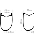 Cross-sectional diagram of Dope Asymmetric Tubeless Carbon Rim for 700C Road Bikes 25mm wide and 38mm deep.